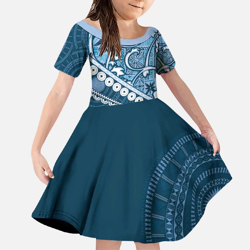 Blue Bula Fiji Family Matching Summer Maxi Dress and Hawaiian Shirt Fijian Language Week Tapa Cloth - Pastel LT14 Daughter's Dress Blue - Polynesian Pride