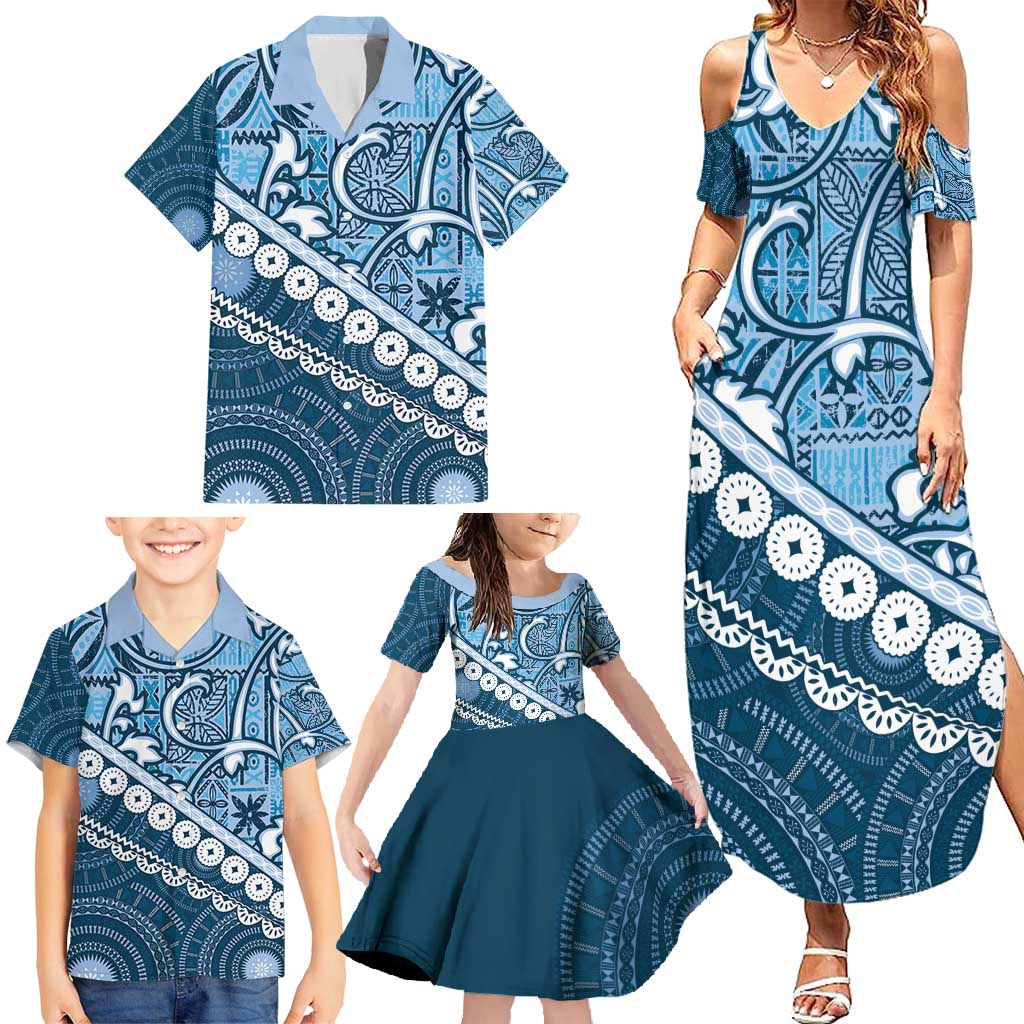 Blue Bula Fiji Family Matching Summer Maxi Dress and Hawaiian Shirt Fijian Language Week Tapa Cloth - Pastel LT14 - Polynesian Pride