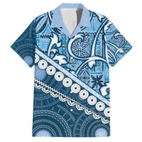 Blue Bula Fiji Family Matching Summer Maxi Dress and Hawaiian Shirt Fijian Language Week Tapa Cloth - Pastel LT14 Dad's Shirt - Short Sleeve Blue - Polynesian Pride