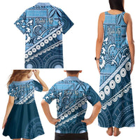 Blue Bula Fiji Family Matching Tank Maxi Dress and Hawaiian Shirt Fijian Language Week Tapa Cloth - Pastel LT14 - Polynesian Pride