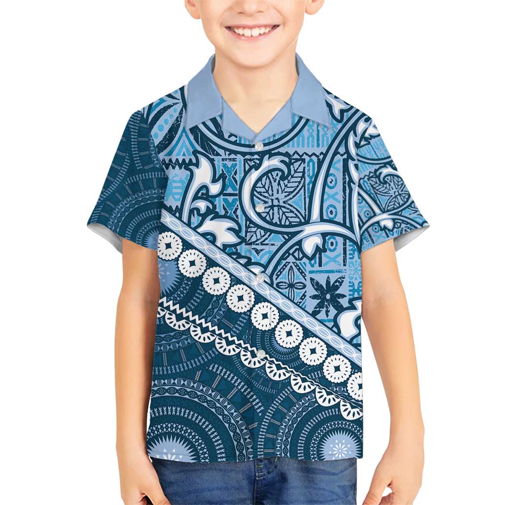 Blue Bula Fiji Family Matching Tank Maxi Dress and Hawaiian Shirt Fijian Language Week Tapa Cloth - Pastel LT14 Son's Shirt Blue - Polynesian Pride