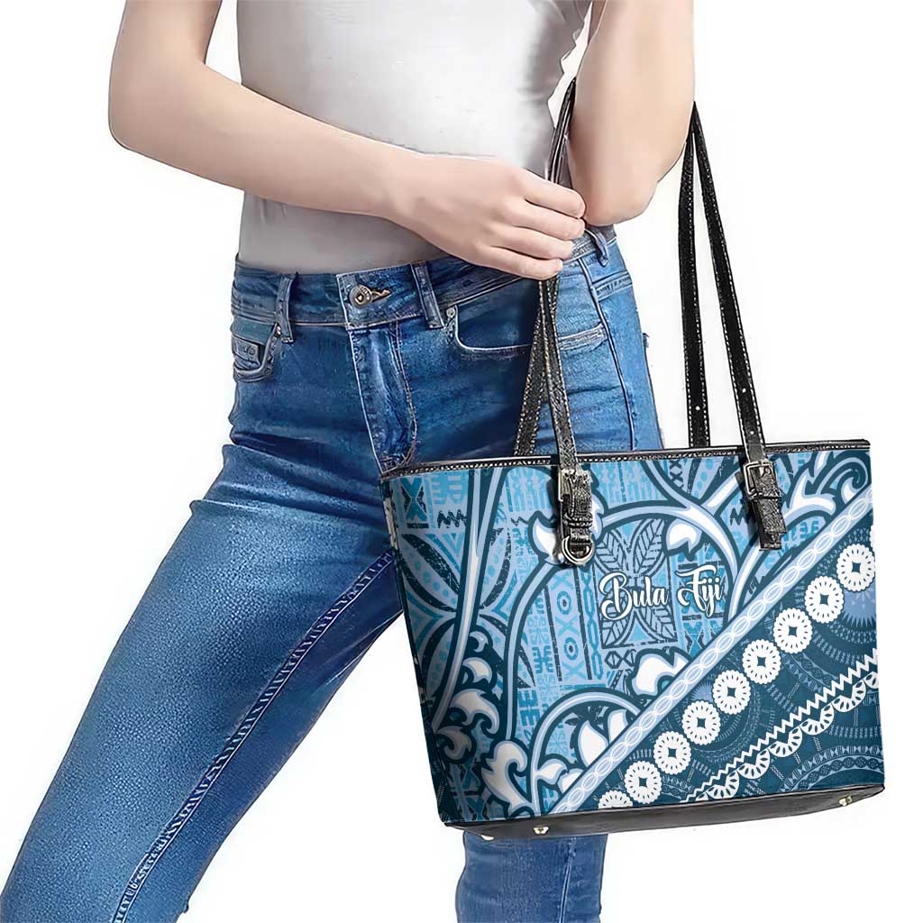 Blue Bula Fiji Leather Tote Bag Fijian Language Week Tapa Cloth - Pastel