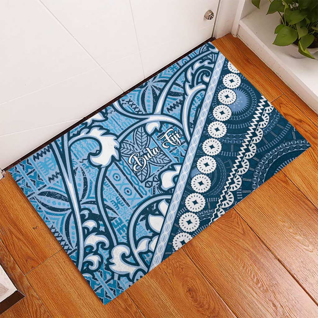 Blue Bula Fiji Rubber Doormat Fijian Language Week Tapa Cloth - Pastel
