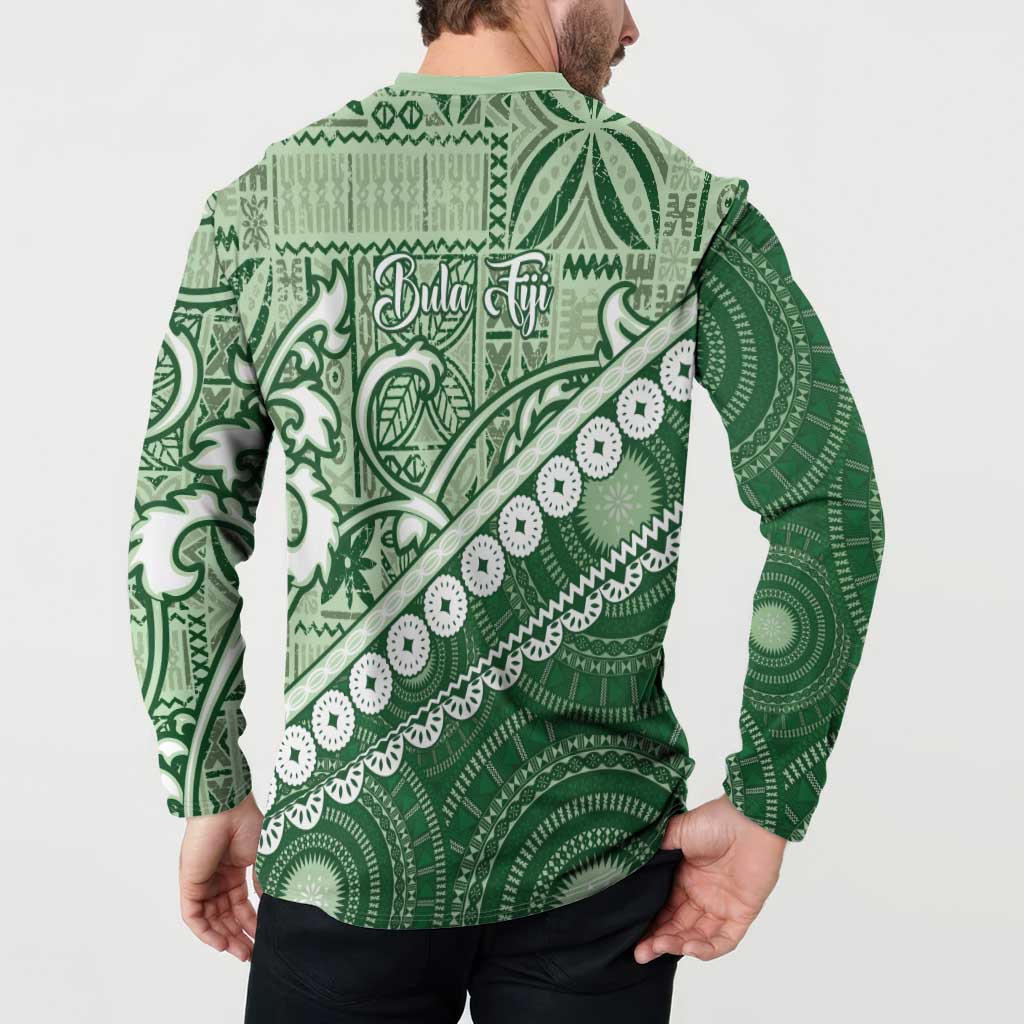 Green Bula Fiji Button Sweatshirt Fijian Language Week Tapa Cloth - Pastel