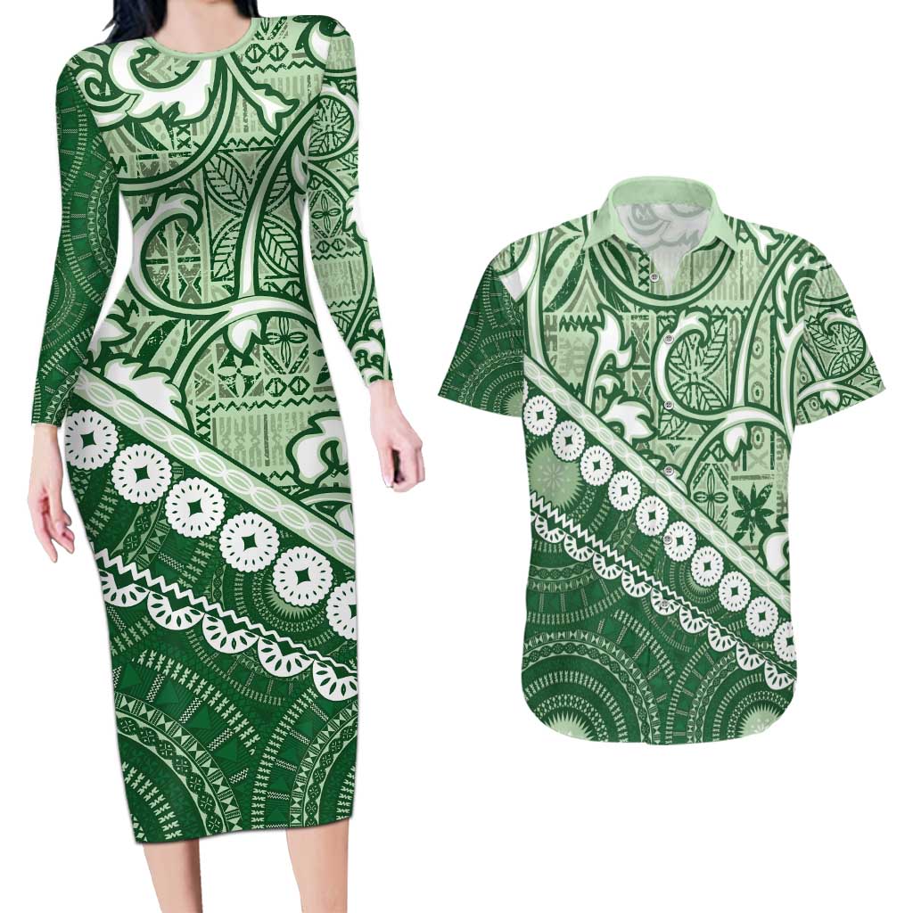 Green Bula Fiji Couples Matching Long Sleeve Bodycon Dress and Hawaiian Shirt Fijian Language Week Tapa Cloth - Pastel LT14 Green - Polynesian Pride