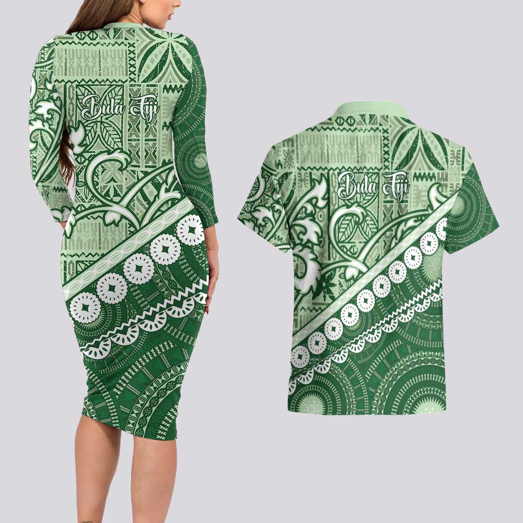 Green Bula Fiji Couples Matching Long Sleeve Bodycon Dress and Hawaiian Shirt Fijian Language Week Tapa Cloth - Pastel LT14 - Polynesian Pride