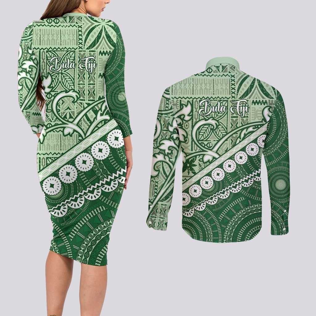 Green Bula Fiji Couples Matching Long Sleeve Bodycon Dress and Long Sleeve Button Shirt Fijian Language Week Tapa Cloth - Pastel LT14 - Polynesian Pride