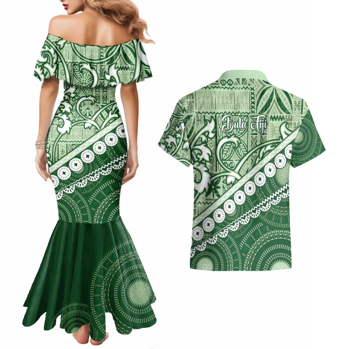 Green Bula Fiji Couples Matching Mermaid Dress and Hawaiian Shirt Fijian Language Week Tapa Cloth - Pastel LT14 - Polynesian Pride