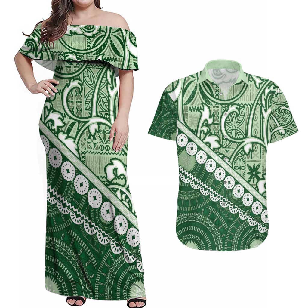 Green Bula Fiji Couples Matching Off Shoulder Maxi Dress and Hawaiian Shirt Fijian Language Week Tapa Cloth - Pastel LT14 Green - Polynesian Pride