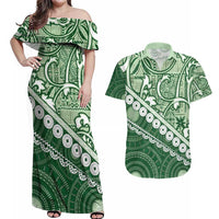 Green Bula Fiji Couples Matching Off Shoulder Maxi Dress and Hawaiian Shirt Fijian Language Week Tapa Cloth - Pastel LT14 Green - Polynesian Pride