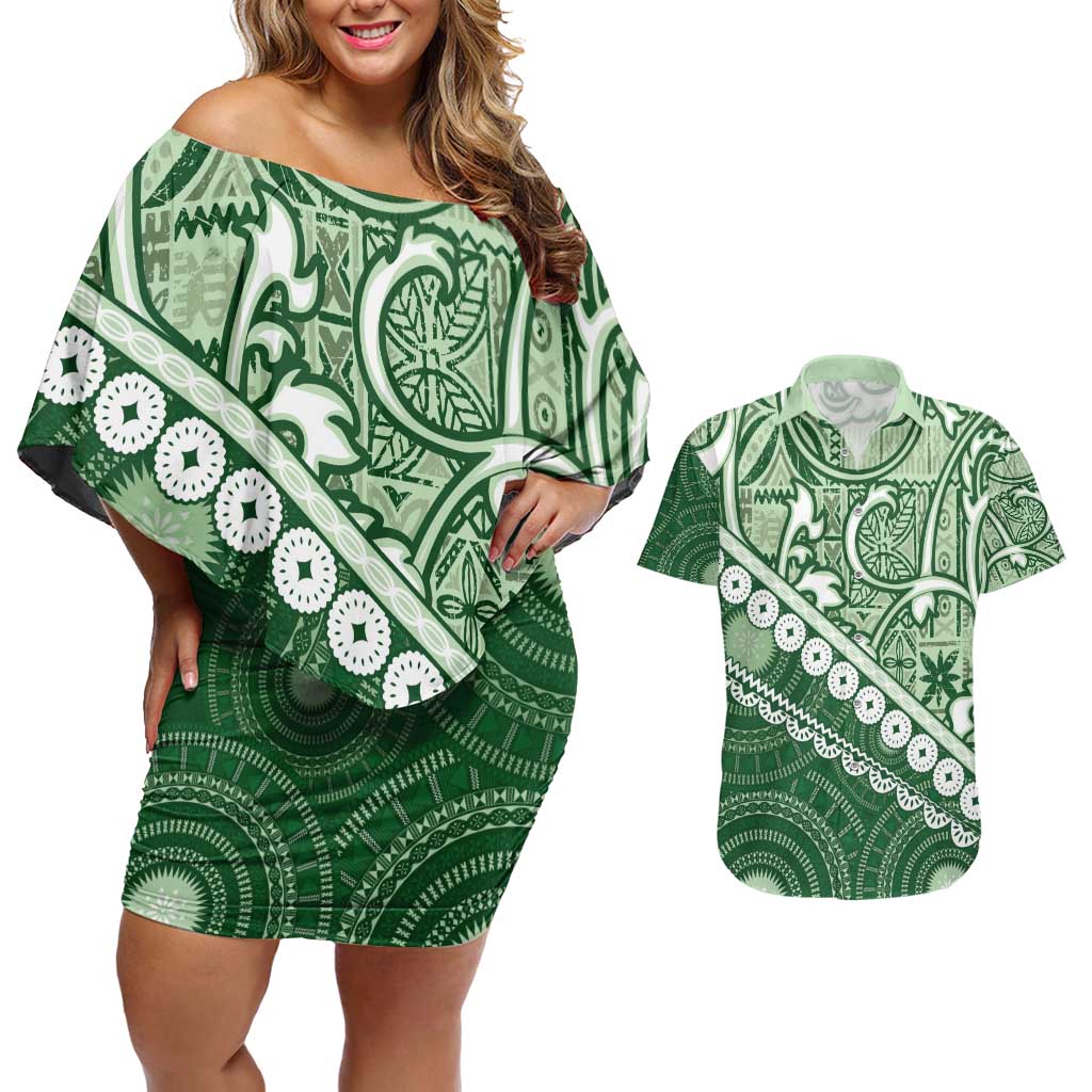 Green Bula Fiji Couples Matching Off Shoulder Short Dress and Hawaiian Shirt Fijian Language Week Tapa Cloth - Pastel LT14 Green - Polynesian Pride