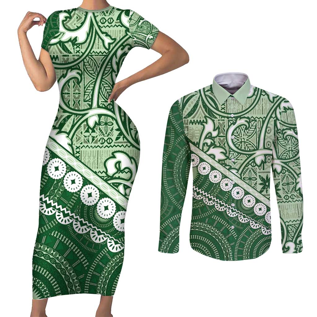 Green Bula Fiji Couples Matching Short Sleeve Bodycon Dress and Long Sleeve Button Shirt Fijian Language Week Tapa Cloth - Pastel LT14 Green - Polynesian Pride