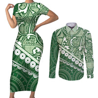 Green Bula Fiji Couples Matching Short Sleeve Bodycon Dress and Long Sleeve Button Shirt Fijian Language Week Tapa Cloth - Pastel LT14 Green - Polynesian Pride