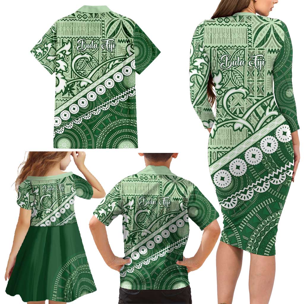 Green Bula Fiji Family Matching Long Sleeve Bodycon Dress and Hawaiian Shirt Fijian Language Week Tapa Cloth - Pastel LT14 - Polynesian Pride