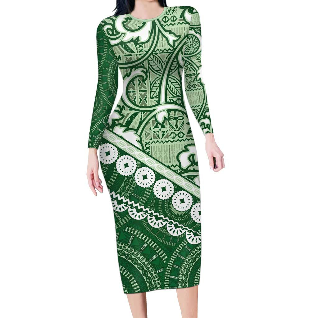 Green Bula Fiji Family Matching Long Sleeve Bodycon Dress and Hawaiian Shirt Fijian Language Week Tapa Cloth - Pastel LT14 Mom's Dress Green - Polynesian Pride