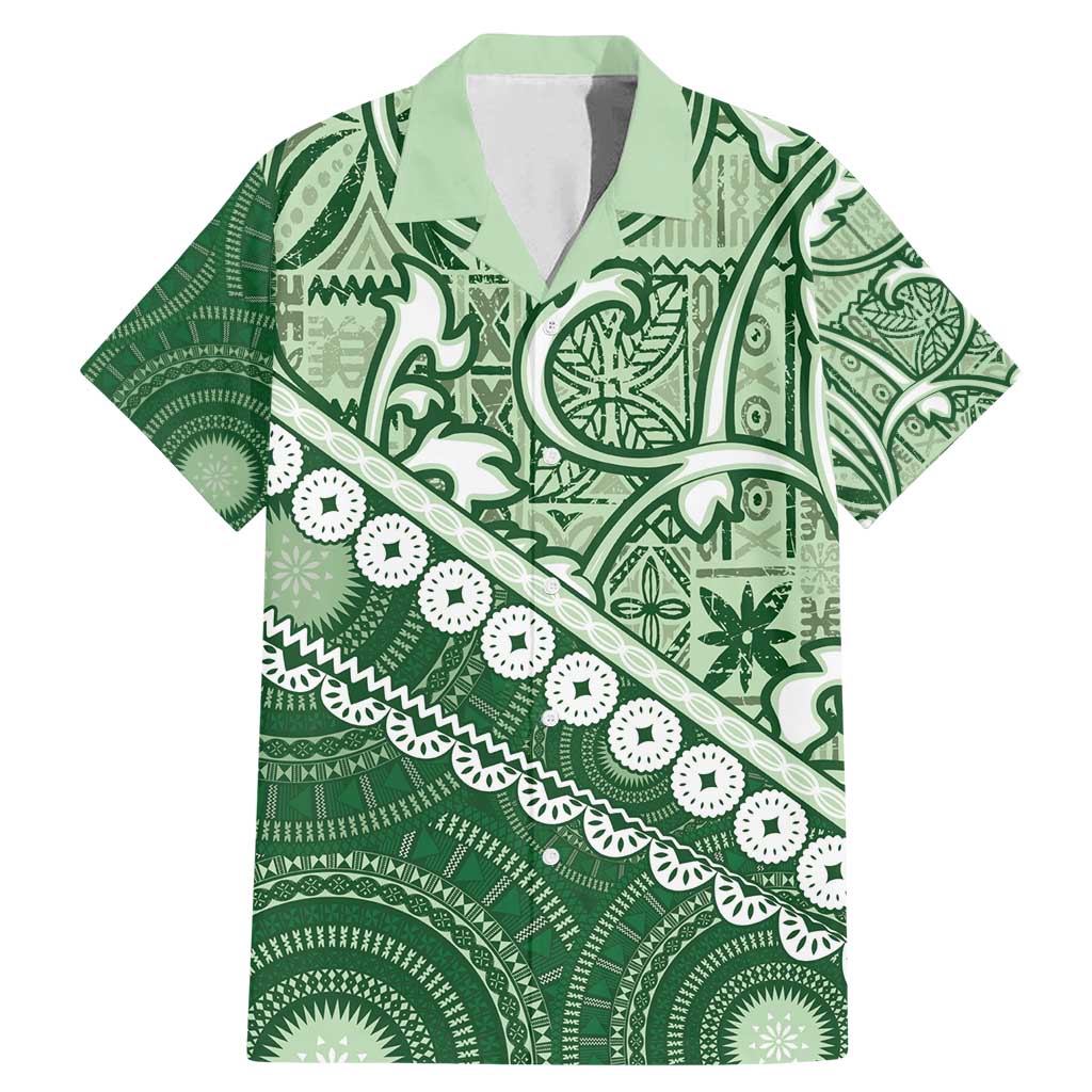Green Bula Fiji Family Matching Mermaid Dress and Hawaiian Shirt Fijian Language Week Tapa Cloth - Pastel LT14 Dad's Shirt - Short Sleeve Green - Polynesian Pride