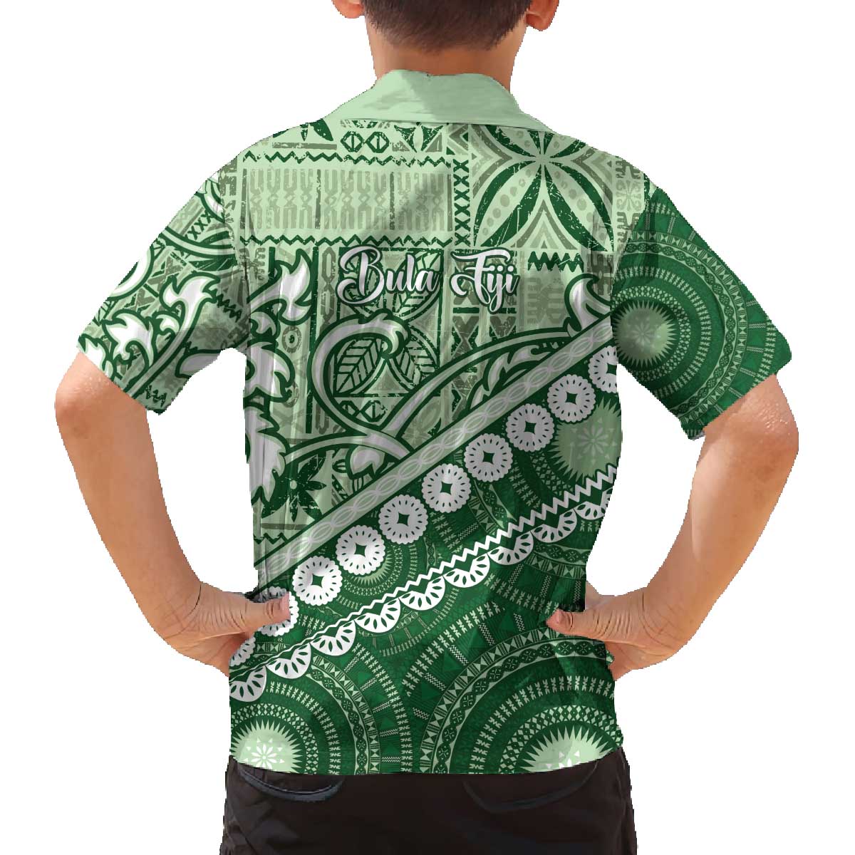 Green Bula Fiji Family Matching Off The Shoulder Long Sleeve Dress and Hawaiian Shirt Fijian Language Week Tapa Cloth - Pastel LT14 - Polynesian Pride