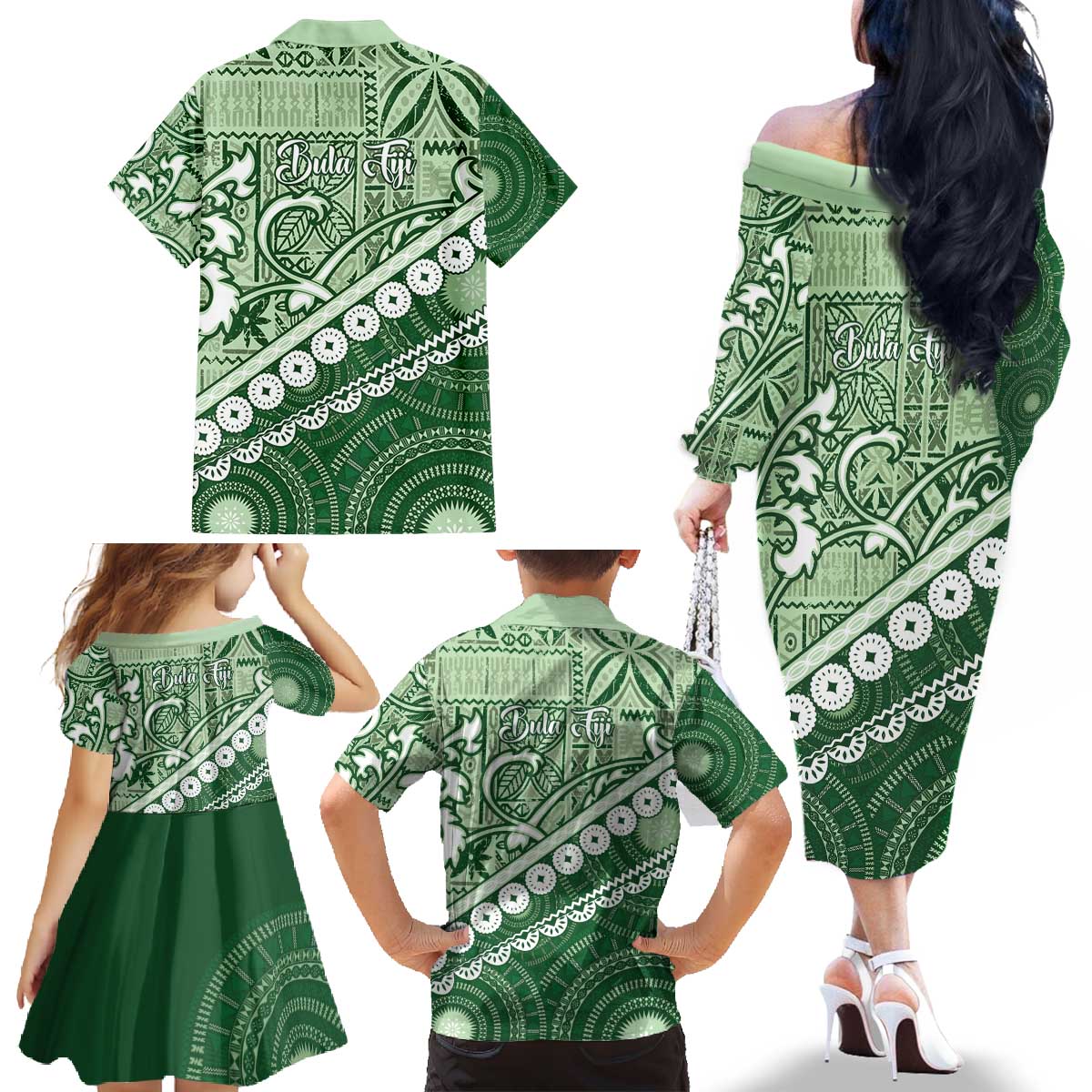Green Bula Fiji Family Matching Off The Shoulder Long Sleeve Dress and Hawaiian Shirt Fijian Language Week Tapa Cloth - Pastel LT14 - Polynesian Pride