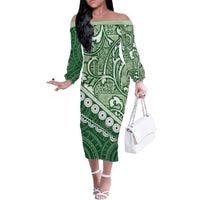 Green Bula Fiji Family Matching Off The Shoulder Long Sleeve Dress and Hawaiian Shirt Fijian Language Week Tapa Cloth - Pastel LT14 Mom's Dress Green - Polynesian Pride