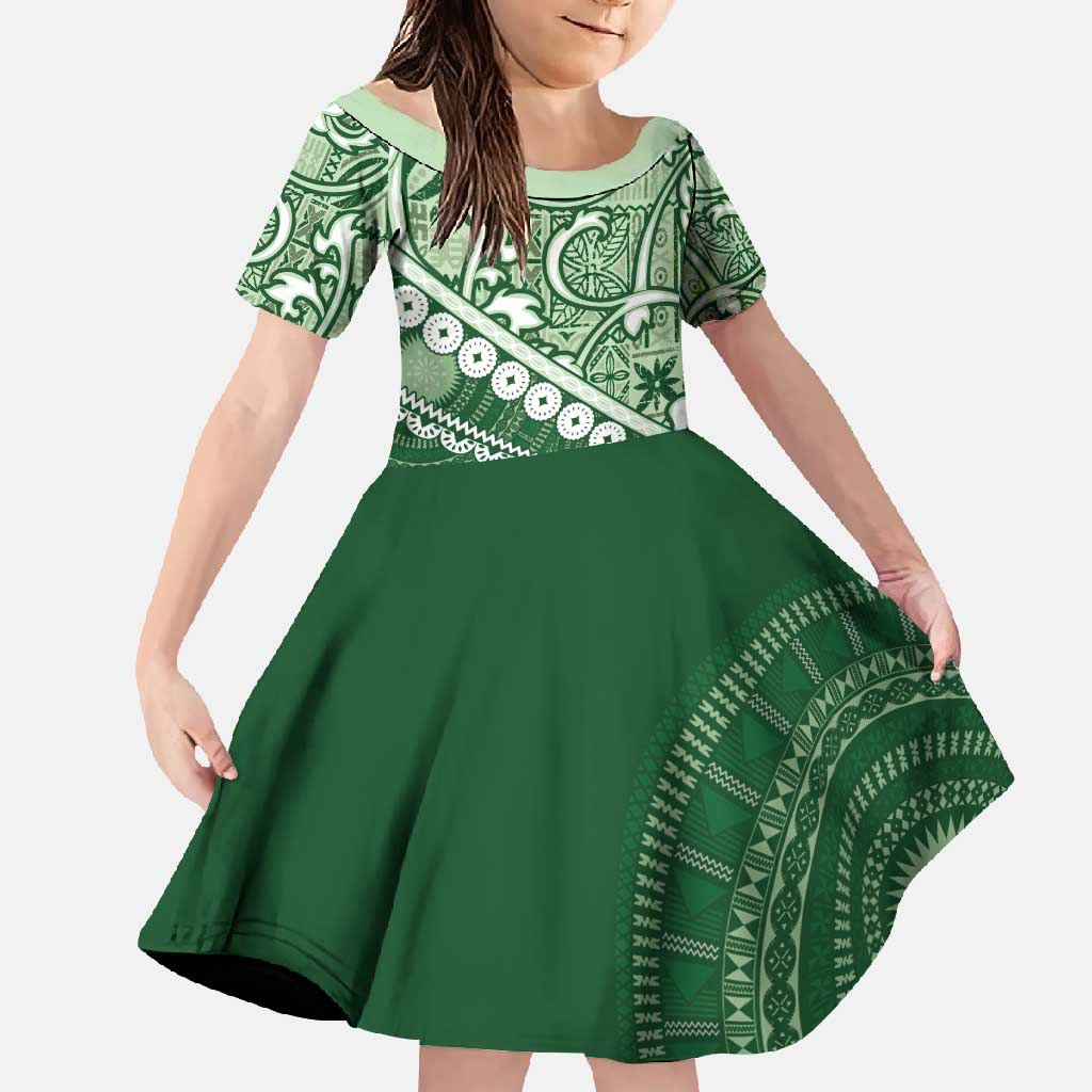Green Bula Fiji Family Matching Off Shoulder Maxi Dress and Hawaiian Shirt Fijian Language Week Tapa Cloth - Pastel LT14 Daughter's Dress Green - Polynesian Pride