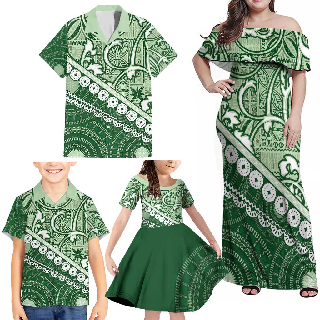 Green Bula Fiji Family Matching Off Shoulder Maxi Dress and Hawaiian Shirt Fijian Language Week Tapa Cloth - Pastel LT14 - Polynesian Pride