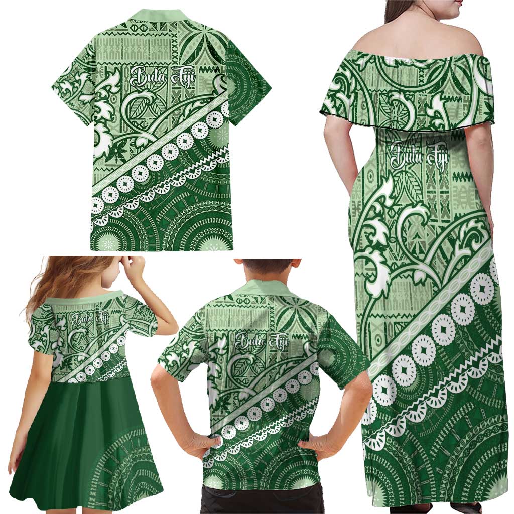 Green Bula Fiji Family Matching Off Shoulder Maxi Dress and Hawaiian Shirt Fijian Language Week Tapa Cloth - Pastel LT14 - Polynesian Pride