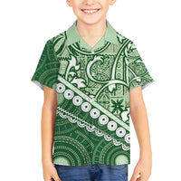 Green Bula Fiji Family Matching Off Shoulder Maxi Dress and Hawaiian Shirt Fijian Language Week Tapa Cloth - Pastel LT14 Son's Shirt Green - Polynesian Pride