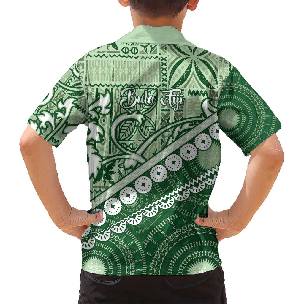 Green Bula Fiji Family Matching Off Shoulder Short Dress and Hawaiian Shirt Fijian Language Week Tapa Cloth - Pastel LT14 - Polynesian Pride