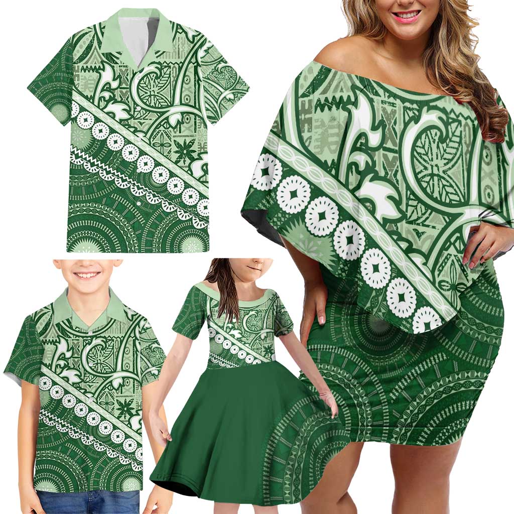 Green Bula Fiji Family Matching Off Shoulder Short Dress and Hawaiian Shirt Fijian Language Week Tapa Cloth - Pastel LT14 - Polynesian Pride