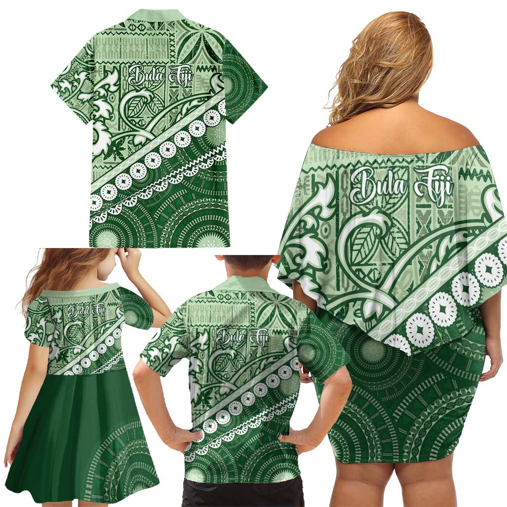 Green Bula Fiji Family Matching Off Shoulder Short Dress and Hawaiian Shirt Fijian Language Week Tapa Cloth - Pastel LT14 - Polynesian Pride