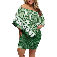 Green Bula Fiji Family Matching Off Shoulder Short Dress and Hawaiian Shirt Fijian Language Week Tapa Cloth - Pastel LT14 Mom's Dress Green - Polynesian Pride