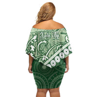 Green Bula Fiji Family Matching Off Shoulder Short Dress and Hawaiian Shirt Fijian Language Week Tapa Cloth - Pastel LT14 - Polynesian Pride