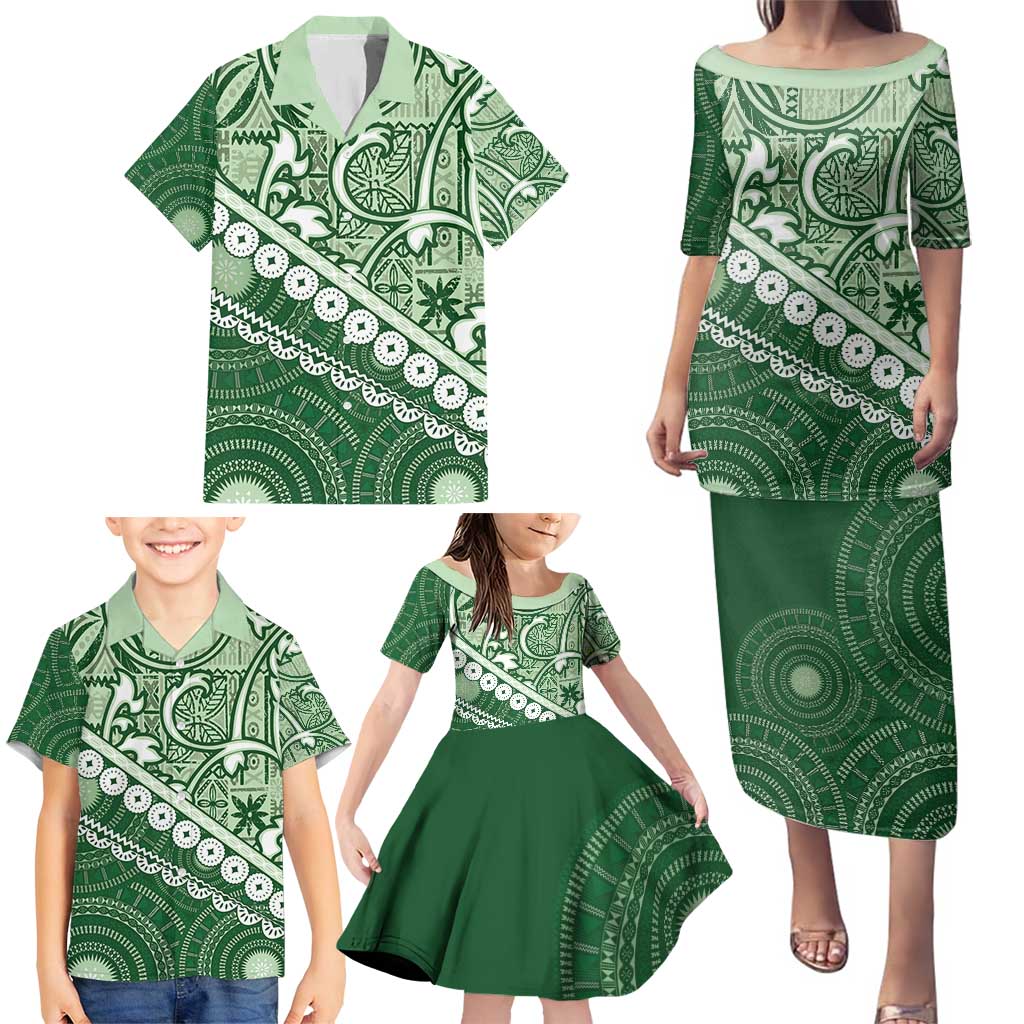 Green Bula Fiji Family Matching Puletasi and Hawaiian Shirt Fijian Language Week Tapa Cloth - Pastel LT14 - Polynesian Pride