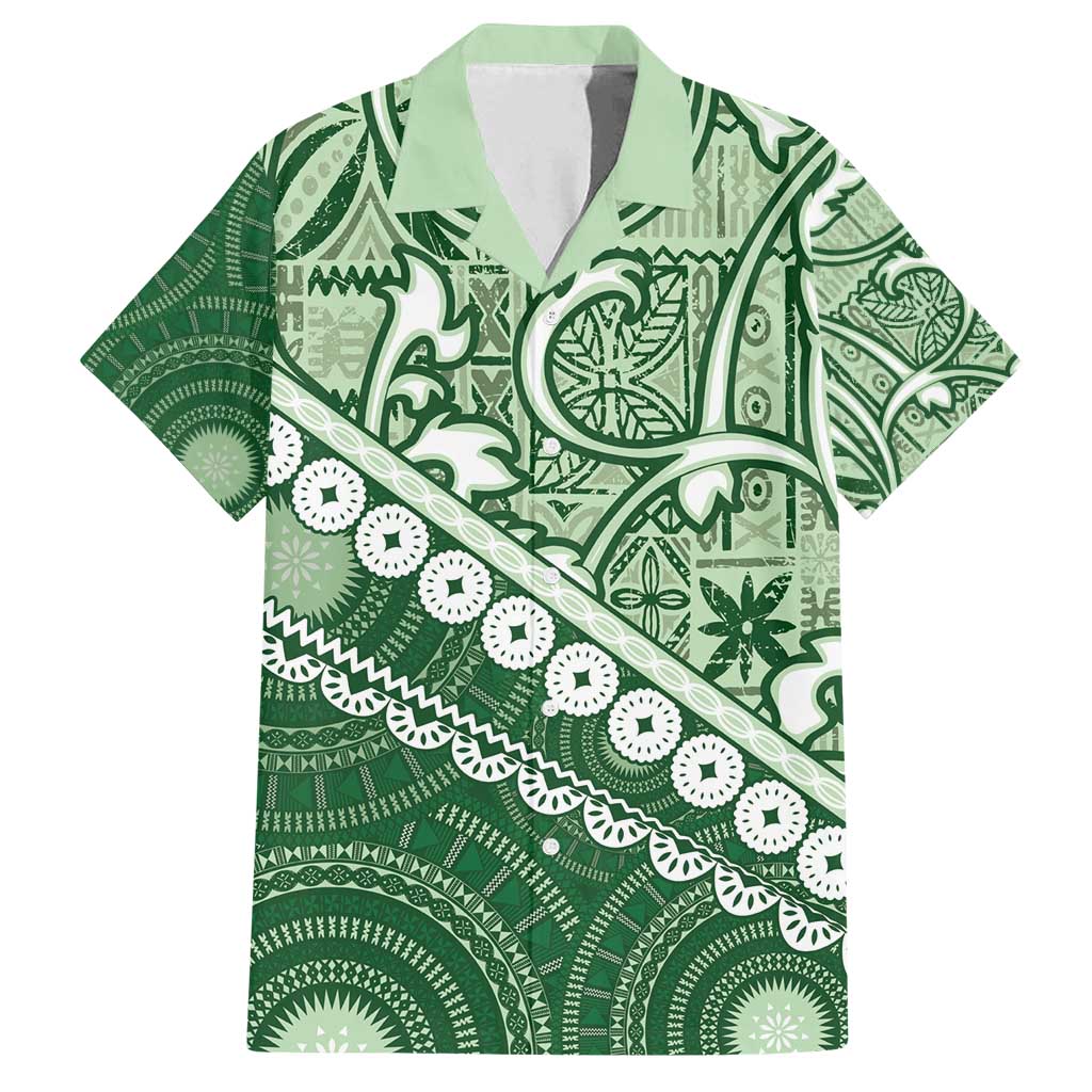 Green Bula Fiji Family Matching Puletasi and Hawaiian Shirt Fijian Language Week Tapa Cloth - Pastel LT14 Dad's Shirt - Short Sleeve Green - Polynesian Pride