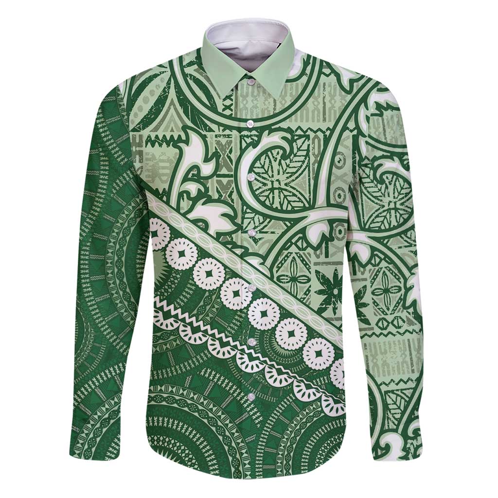Green Bula Fiji Family Matching Puletasi and Hawaiian Shirt Fijian Language Week Tapa Cloth - Pastel LT14 Dad's Shirt - Long Sleeve Green - Polynesian Pride