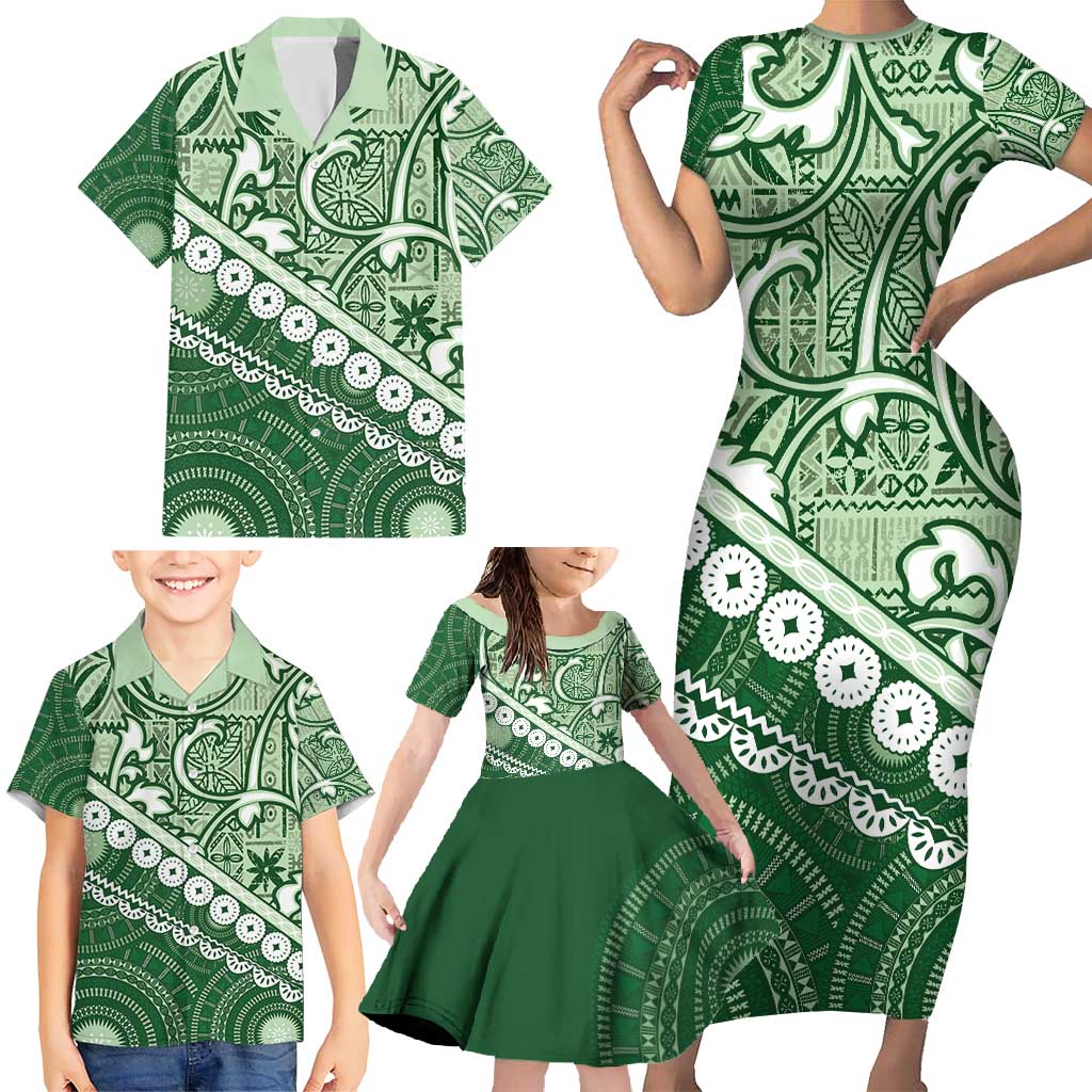 Green Bula Fiji Family Matching Short Sleeve Bodycon Dress and Hawaiian Shirt Fijian Language Week Tapa Cloth - Pastel LT14 - Polynesian Pride