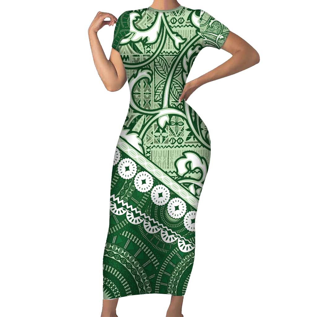 Green Bula Fiji Family Matching Short Sleeve Bodycon Dress and Hawaiian Shirt Fijian Language Week Tapa Cloth - Pastel LT14 Mom's Dress Green - Polynesian Pride