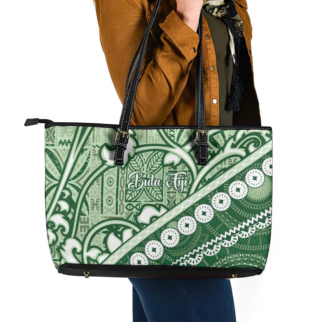 Green Bula Fiji Leather Tote Bag Fijian Language Week Tapa Cloth - Pastel
