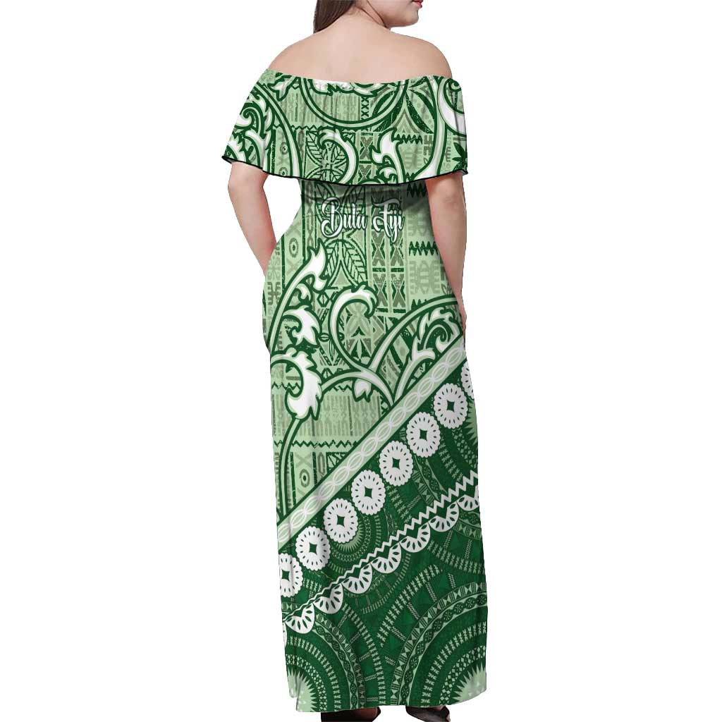 Green Bula Fiji Off Shoulder Maxi Dress Fijian Language Week Tapa Cloth - Pastel