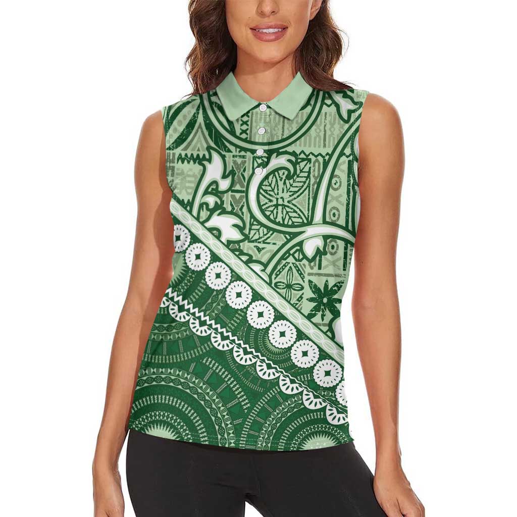 Green Bula Fiji Women Sleeveless Polo Shirt Fijian Language Week Tapa Cloth - Pastel