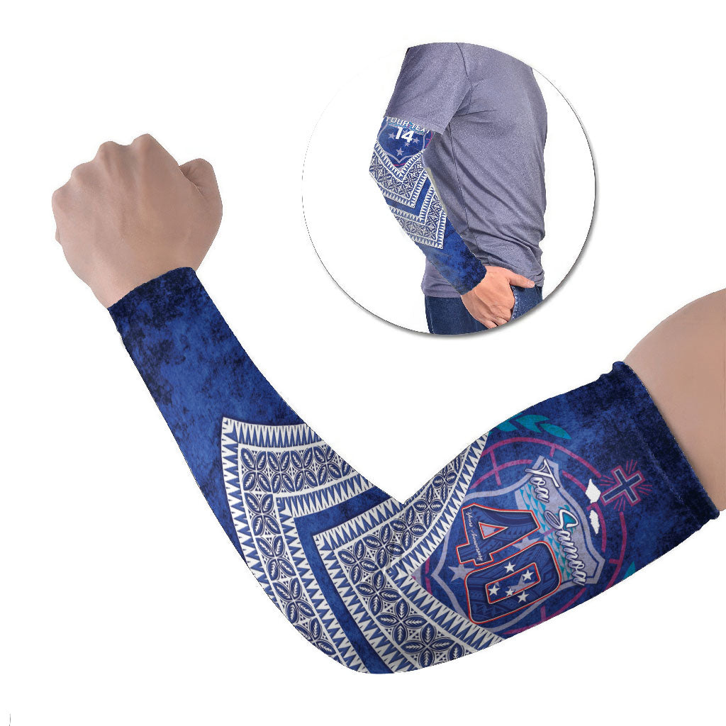 Toa Samoa Rugby Custom Arm Sleeves 40th Anniversary Samoan Siapo Pattern LT14 Set of 2 Blue - Polynesian Pride