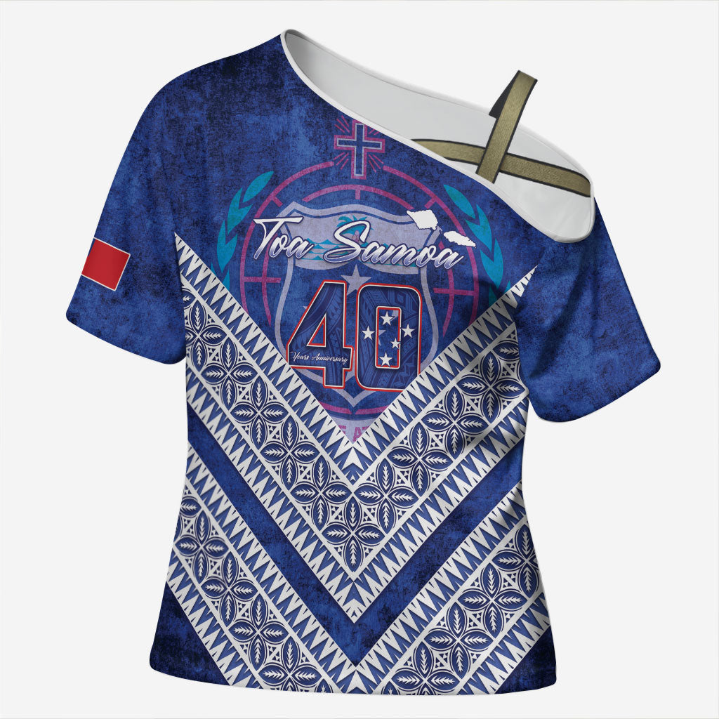 Toa Samoa Rugby Custom Cross Shoulder Shirt 40th Anniversary Samoan Siapo Pattern LT14 Female Blue - Polynesian Pride