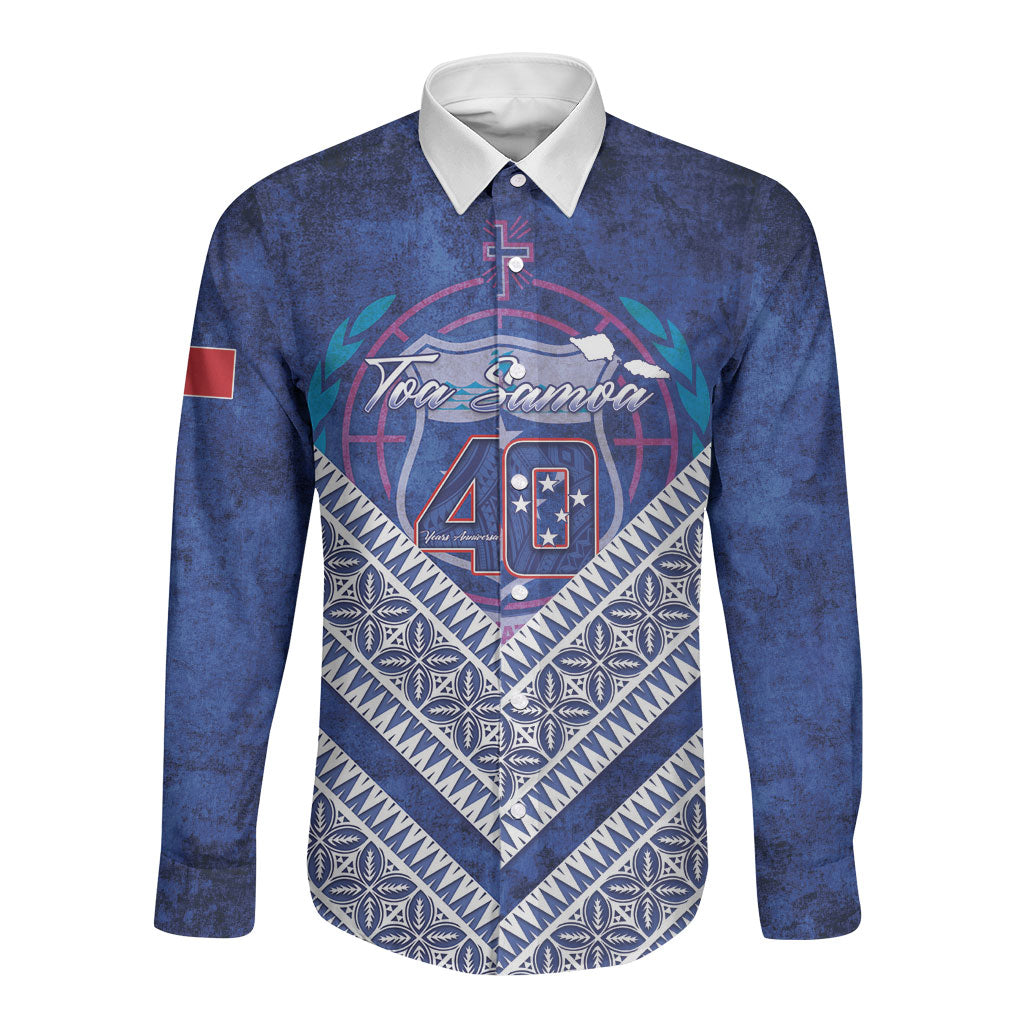 Toa Samoa Rugby Custom Long Sleeve Button Shirt 40th Anniversary Samoan Siapo Pattern LT14 Unisex Blue - Polynesian Pride
