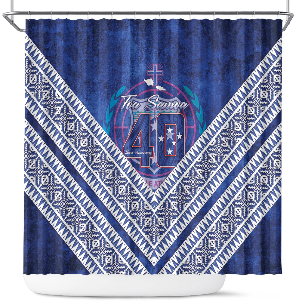 Toa Samoa Rugby Shower Curtain 40th Anniversary Samoan Siapo Pattern LT14 Blue - Polynesian Pride