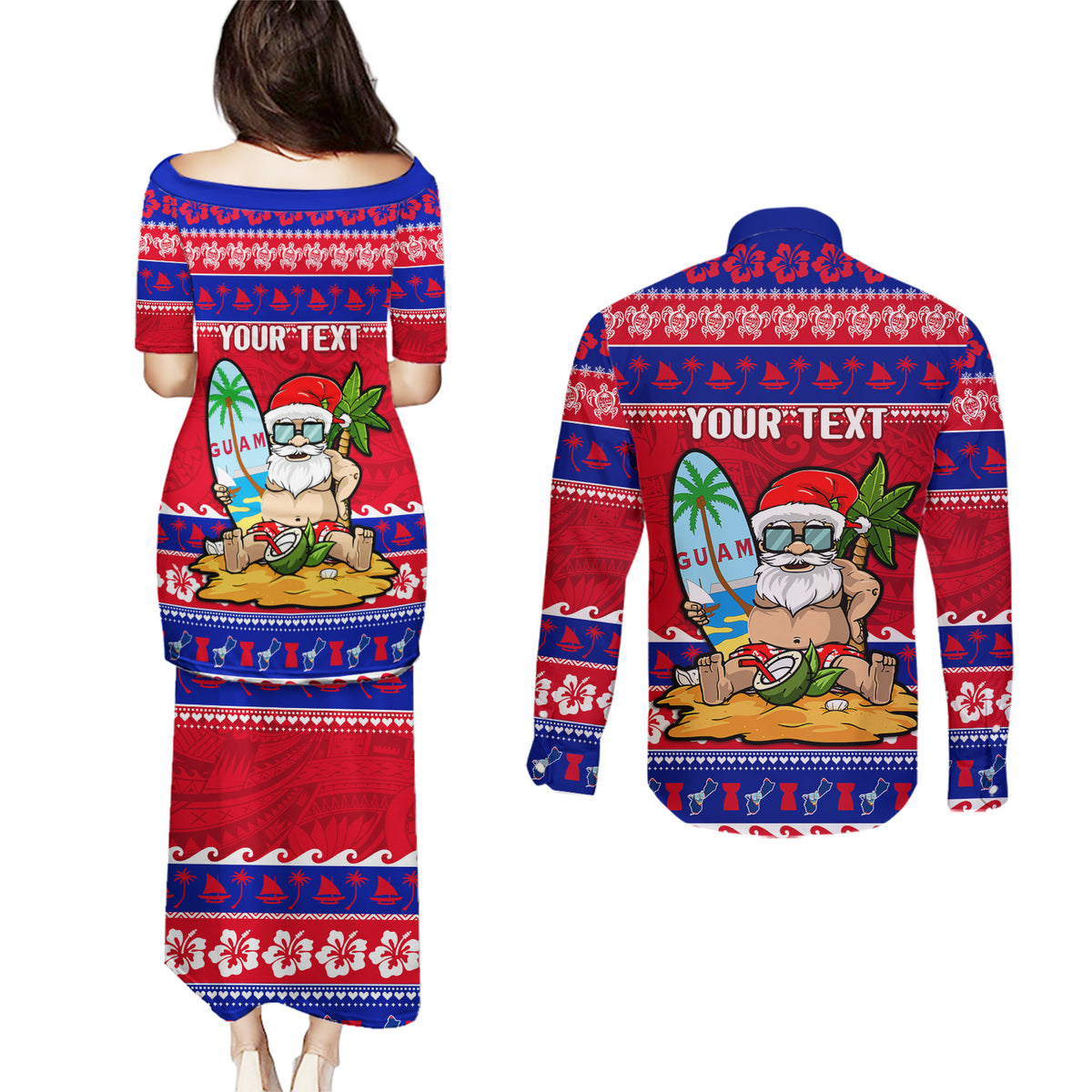 Custom Guam Christmas Couples Matching Puletasi Dress and Long Sleeve Button Shirt Guaman Santas Felis Pasgua LT14 - Polynesian Pride