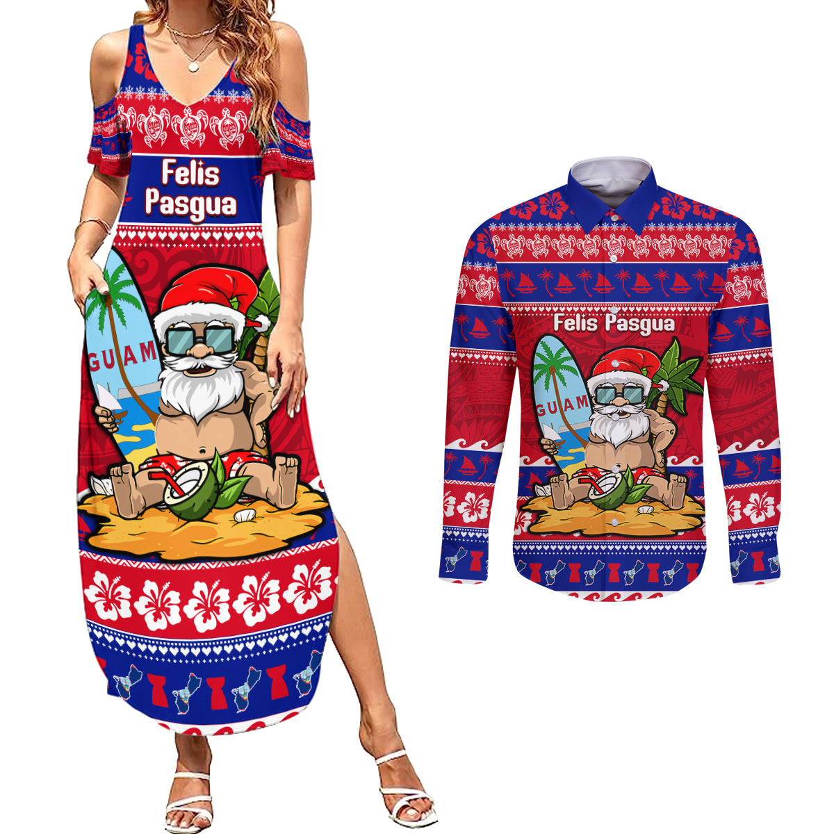 Custom Guam Christmas Couples Matching Summer Maxi Dress and Long Sleeve Button Shirt Guaman Santas Felis Pasgua LT14 Blue - Polynesian Pride
