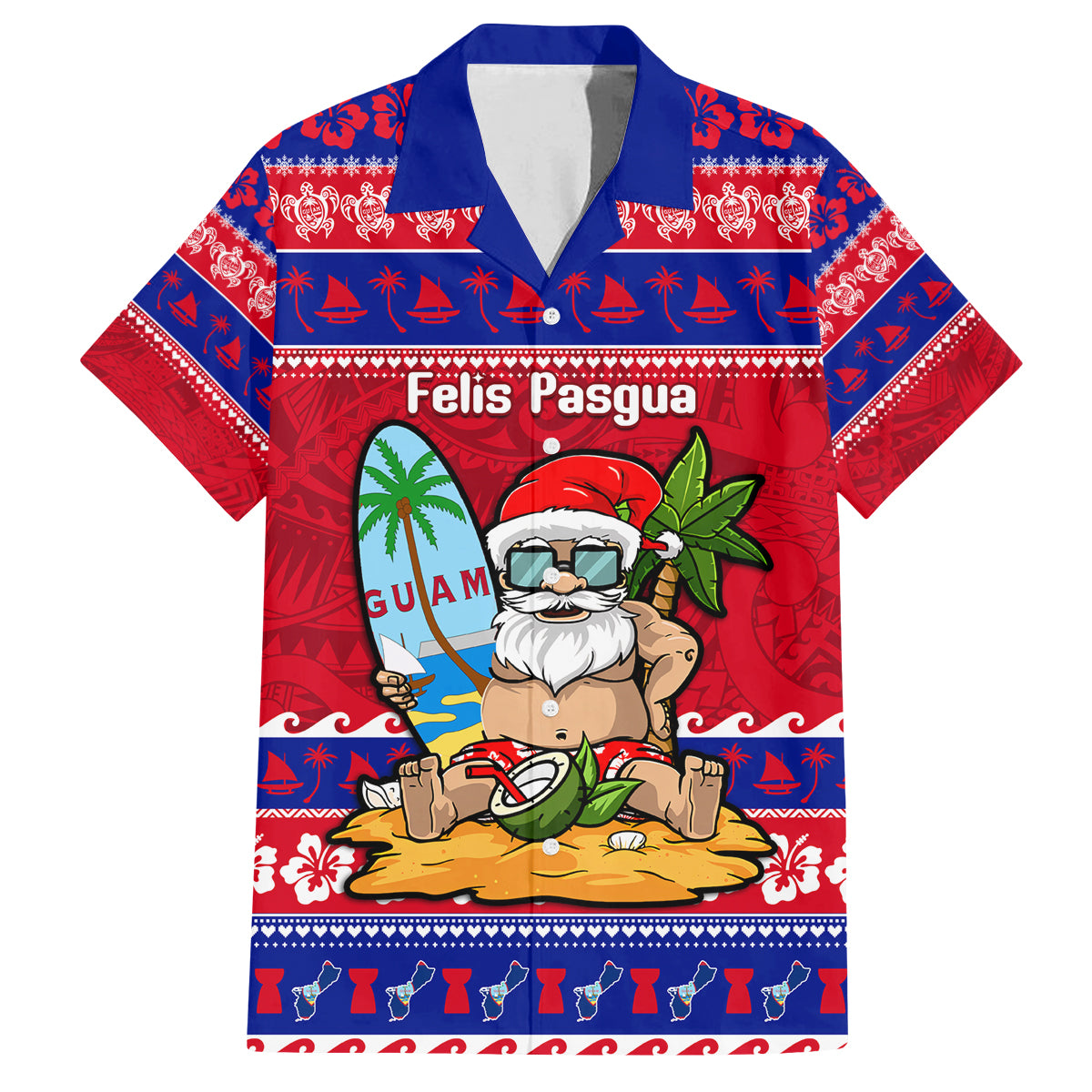 Custom Guam Christmas Family Matching Off Shoulder Maxi Dress and Hawaiian Shirt Guaman Santas Felis Pasgua LT14 Dad's Shirt - Short Sleeve Blue - Polynesian Pride