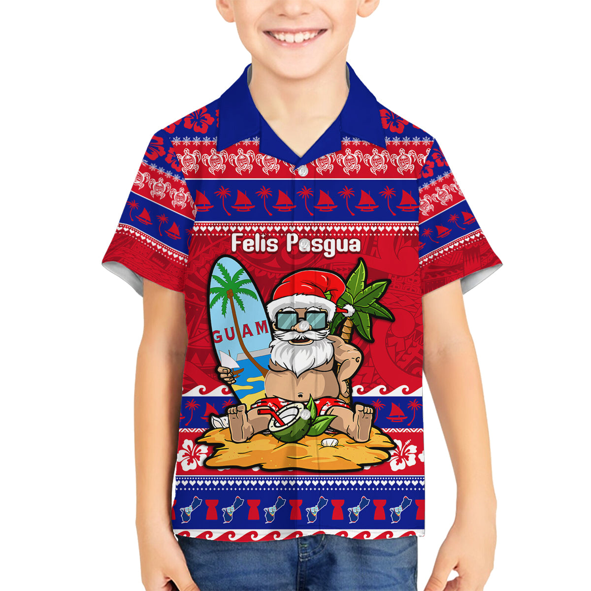 Custom Guam Christmas Family Matching Tank Maxi Dress and Hawaiian Shirt Guaman Santas Felis Pasgua LT14 Son's Shirt Blue - Polynesian Pride