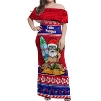 Custom Guam Christmas Off Shoulder Maxi Dress Guaman Santas Felis Pasgua LT14 Women Blue - Polynesian Pride