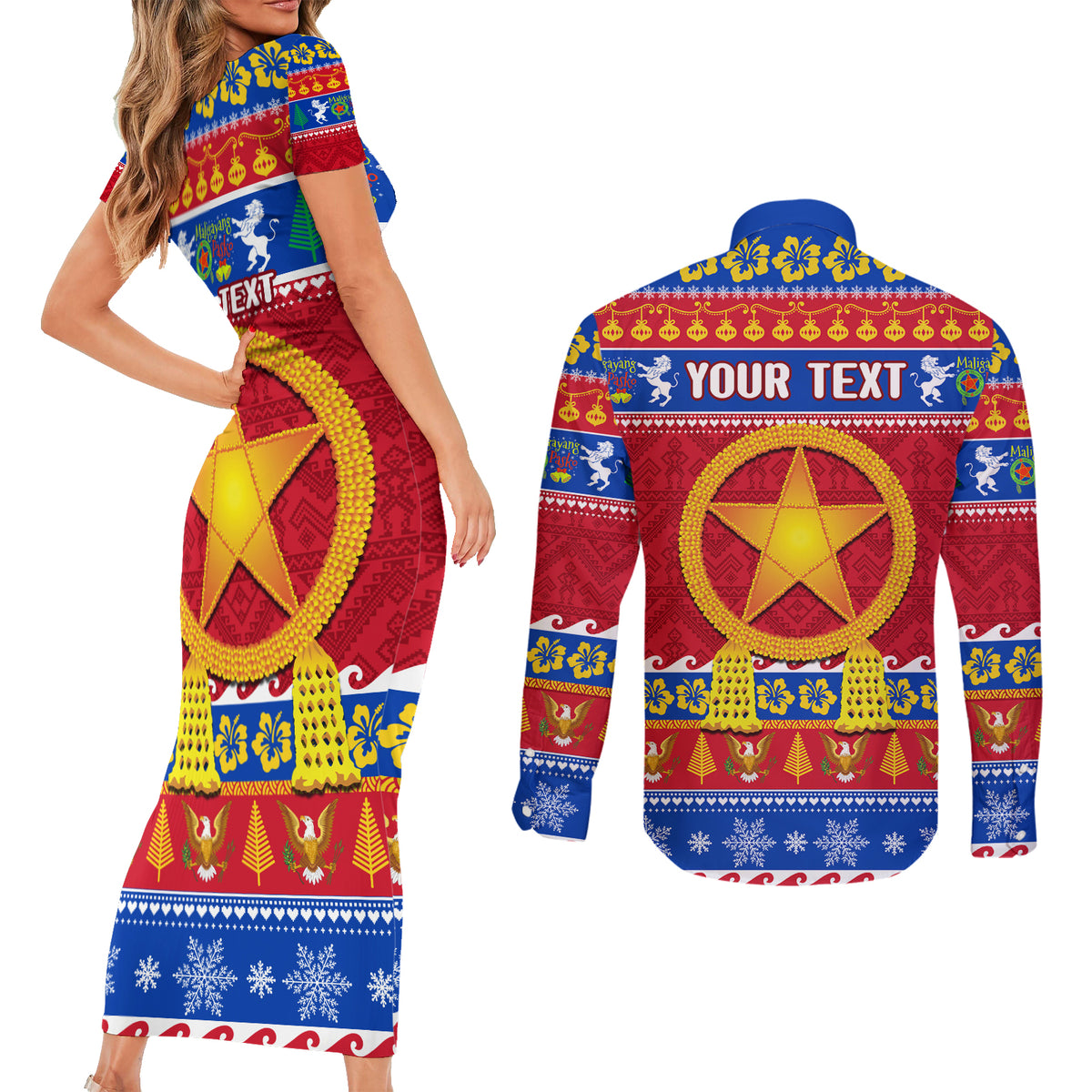 Custom Philippines Christmas Couples Matching Short Sleeve Bodycon Dress and Long Sleeve Button Shirt Filipino Parol Maligayang Pasko LT14 - Polynesian Pride